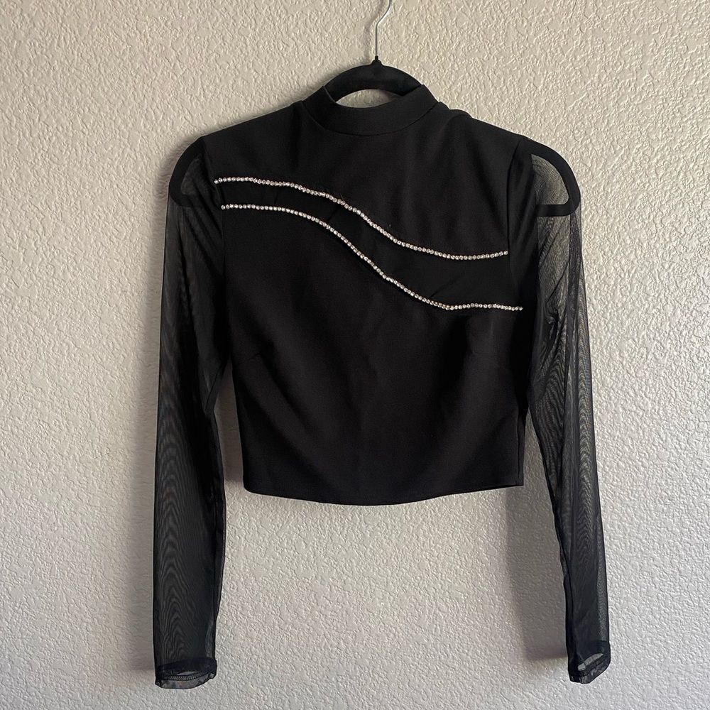 Black Sheer Sleeve Rhinestone Detail Crop Top – XS/S